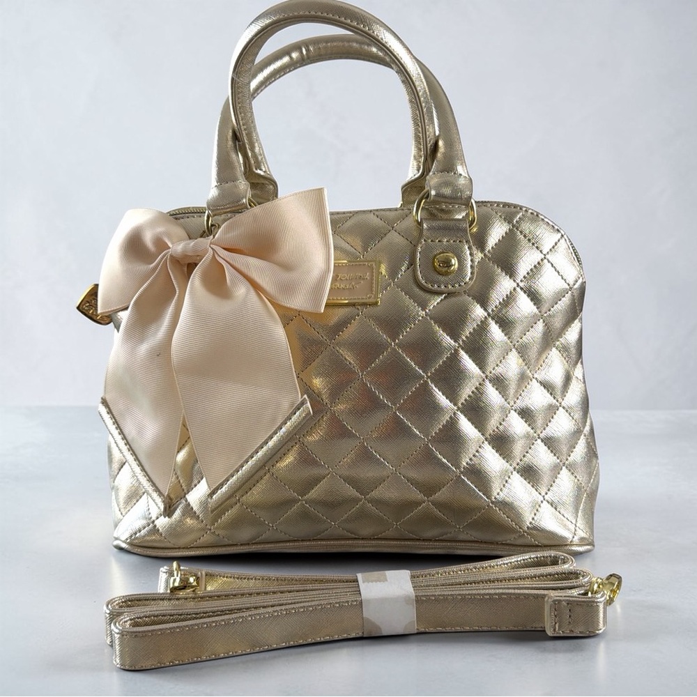 Betsey Johnson Metallic Gold Quilted Satchel with Pale Cream Bow New